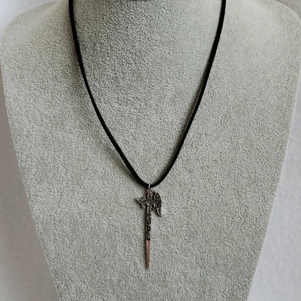 Mens silver battle axe charm black suede necklace
